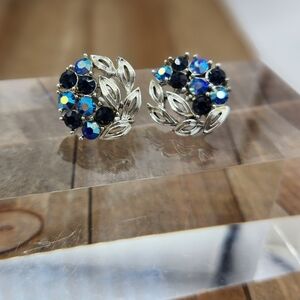 Lisner Vintage Designer Screwback Earrings • Silvertone w/ Blue Reg & AB Stones